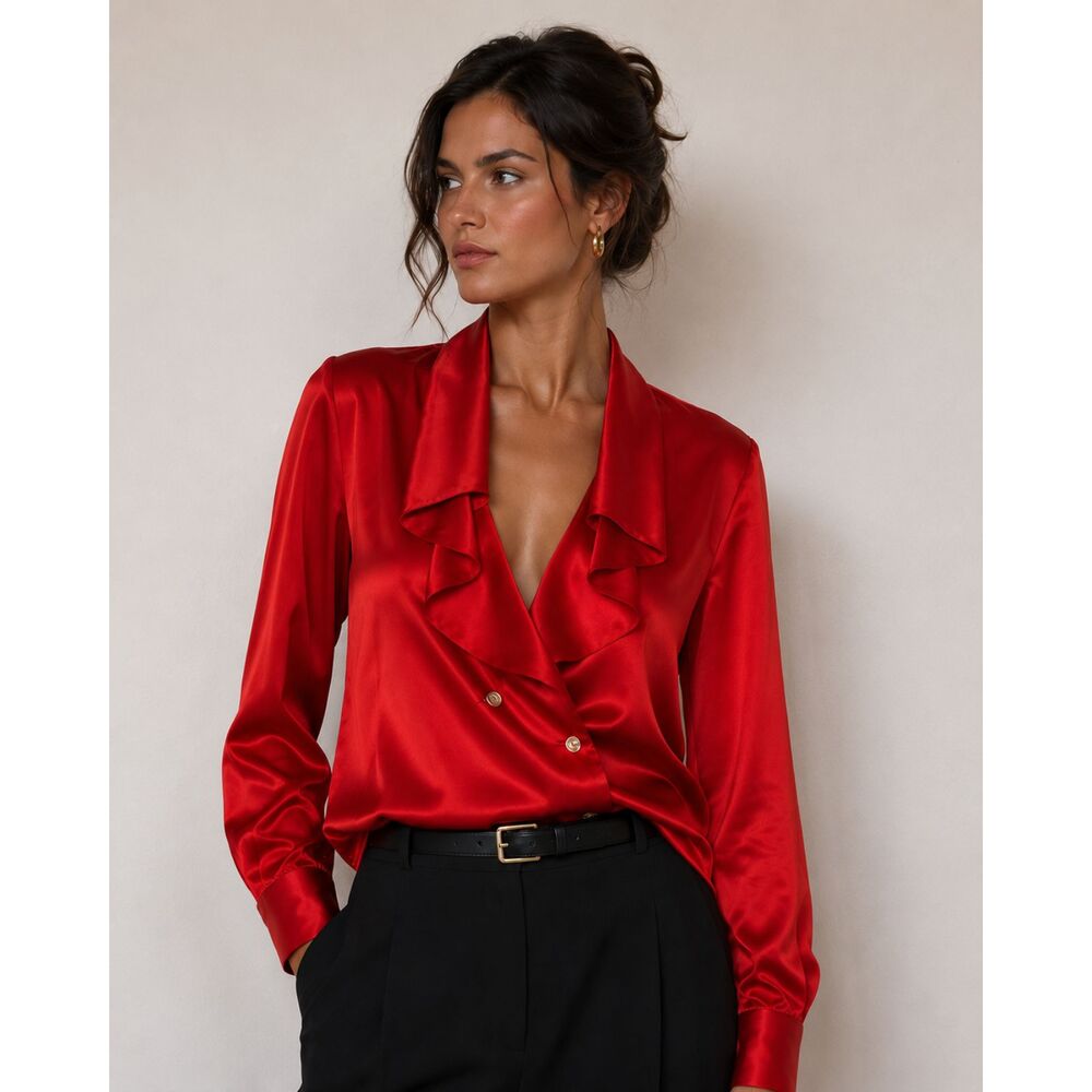 Vintage Randy Kemper 100% Silk Red Wrap Blouse Women's 6 Satin Drape Top